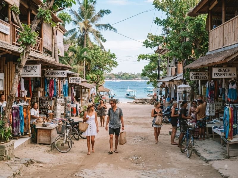 Gili Trawangan shopping along a relaxed island street near the beach