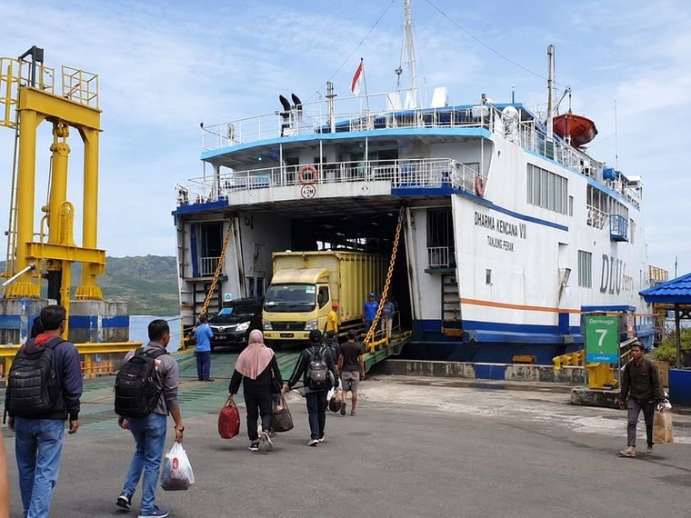 Lombok Indonesia ferry arriving at Lembar Harbor