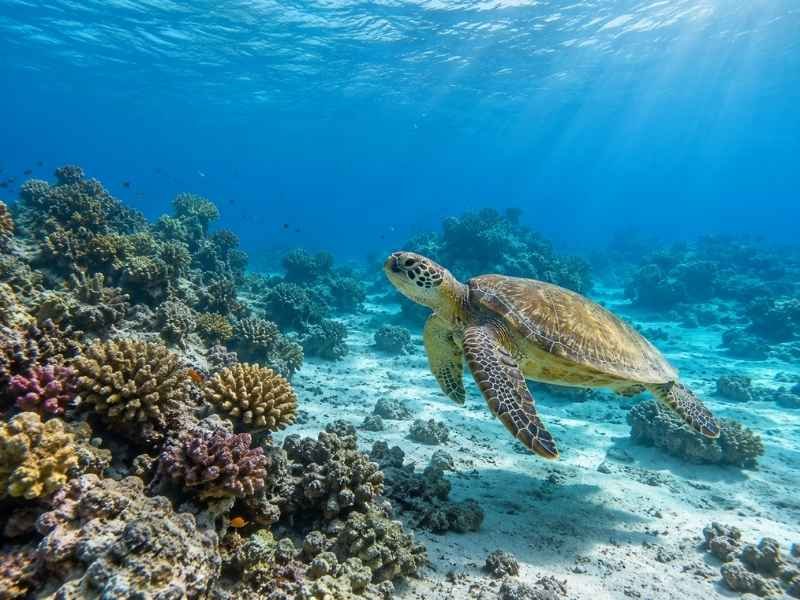 Sea turtle swimming in clear water during Gili T underwater snorkeling