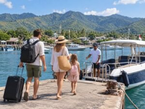 Family boarding a private boat for a Gili Air trip