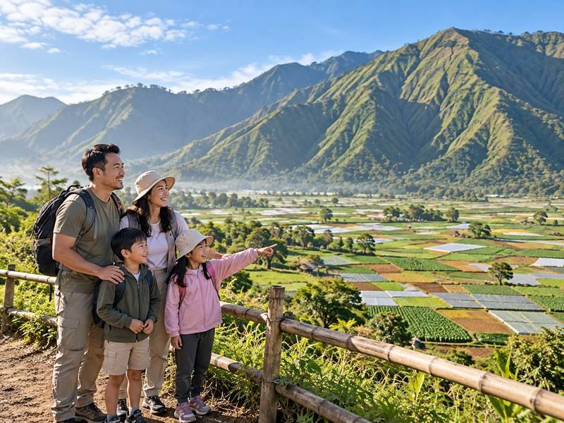Family enjoying an easy Sembalun outdoor viewpoint with mountain and farmland scenery