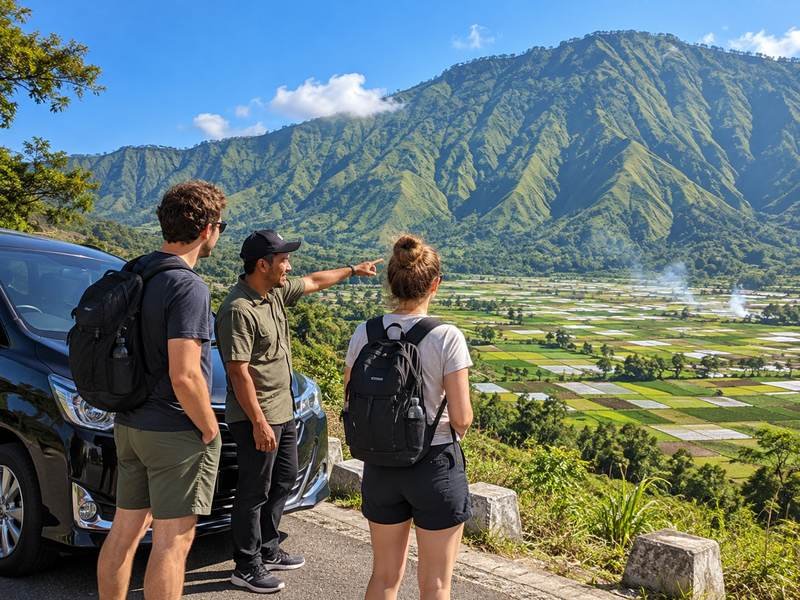 Local driver showing travelers the mountain scenery and route around Sembalun Lombok