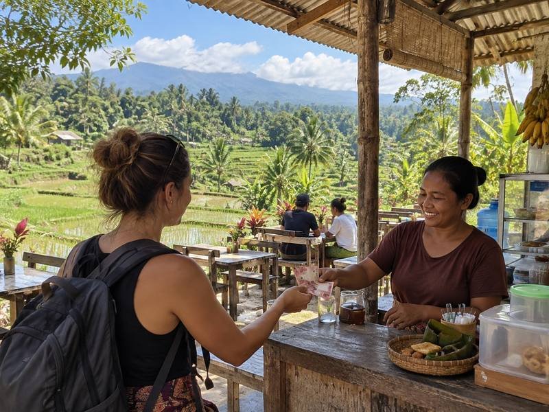 Paying cash at local warung Tetebatu