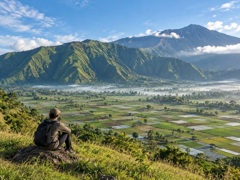 Sembalun outdoor valley views with farmland and green mountain scenery in Lombok