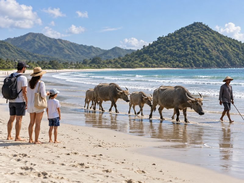 family watching water buffalo at Selong Belanak Beach