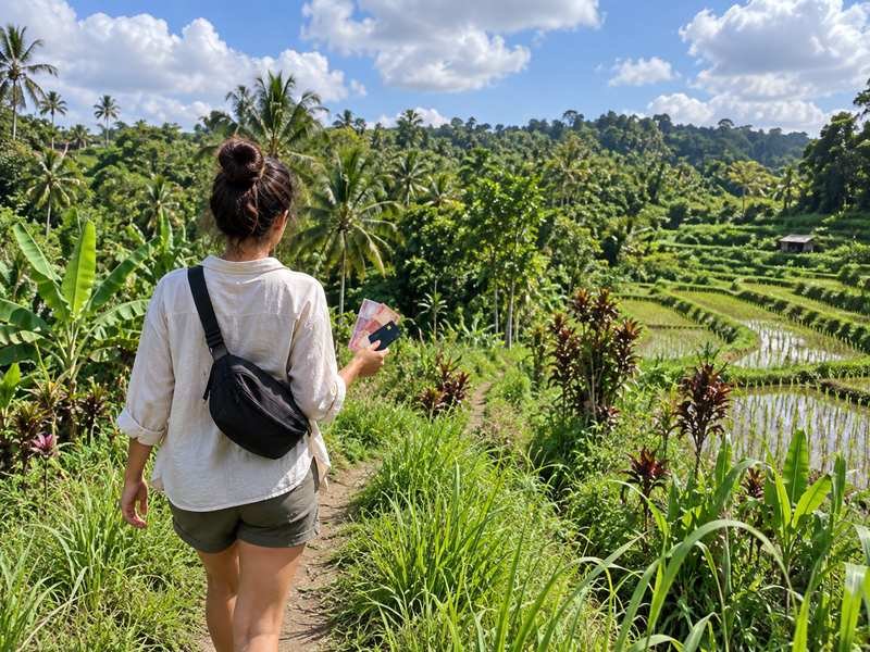 Traveler carrying cash in Tetebatu rice fields