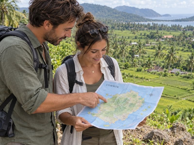 A couple of tourists are looking at a map of Lombok.