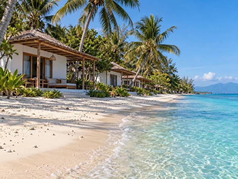 Beach bungalows overlooking the shoreline at Seri Resort Gili Meno