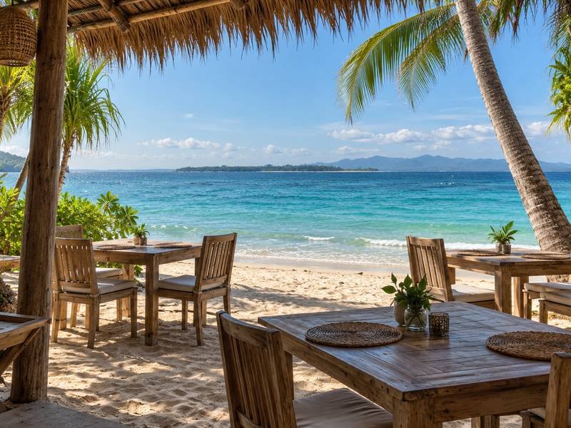 Beachside restaurant tables facing the sea on Gili Meno