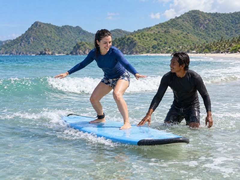 Beginner learning to surf with a local instructor at Selong Belanak