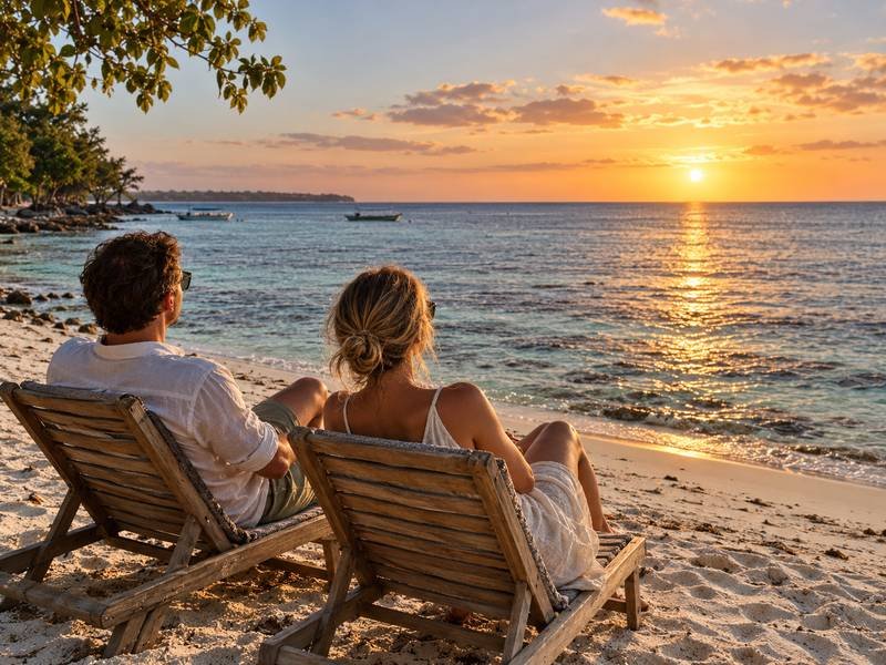 Couple relaxing on the western beach of Gili Air before sunset