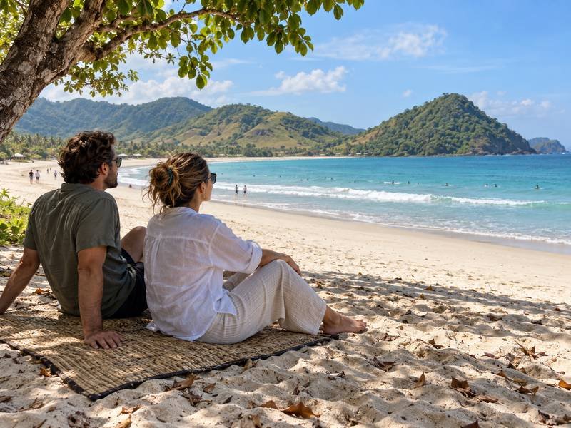 Couple relaxing on Selong Belanak Beach after the Mandalika race weekend