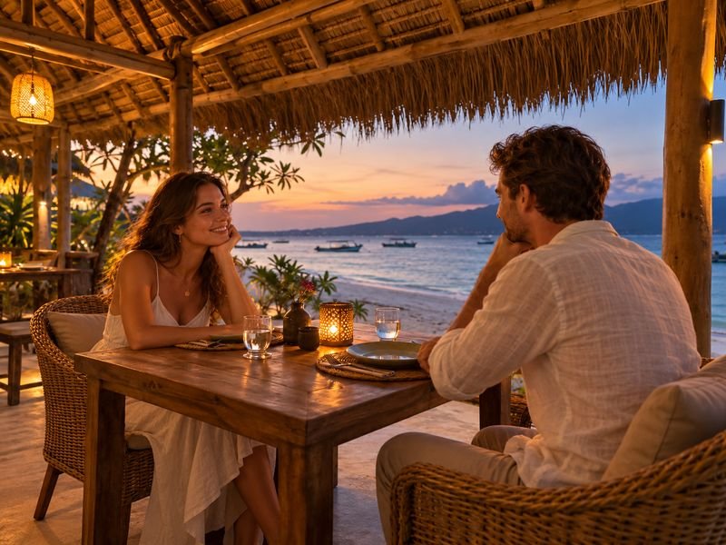 Couple sheltered beachfront dinner Gili Trawangan