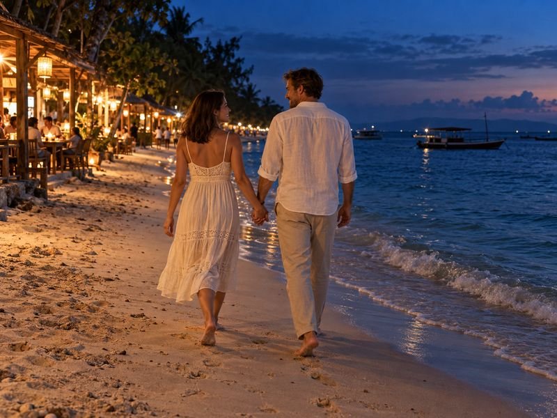Couple walking beside the beach after dinner on Gili Trawangan