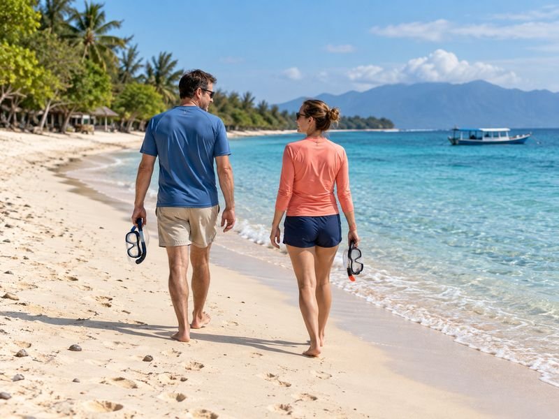 Couple walking on Gili Meno beach