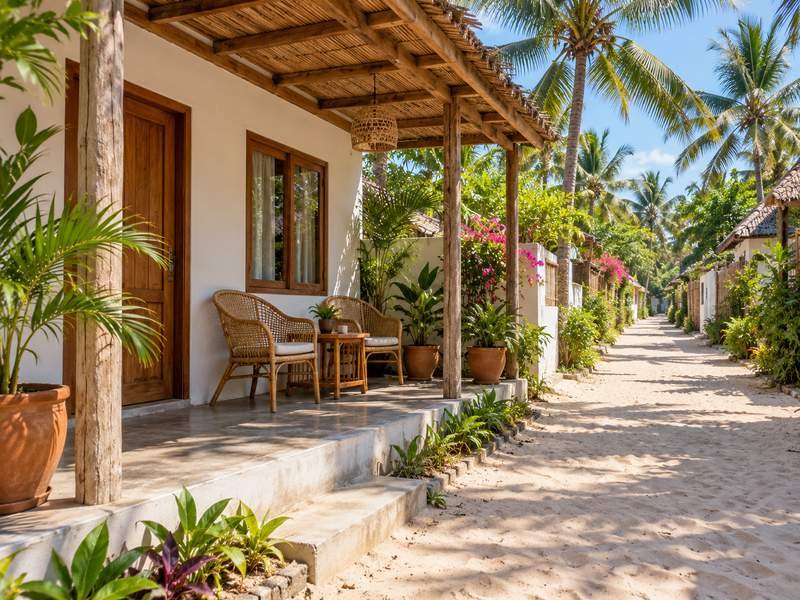 Guesthouse terrace beside a sandy lane on Gili Trawangan