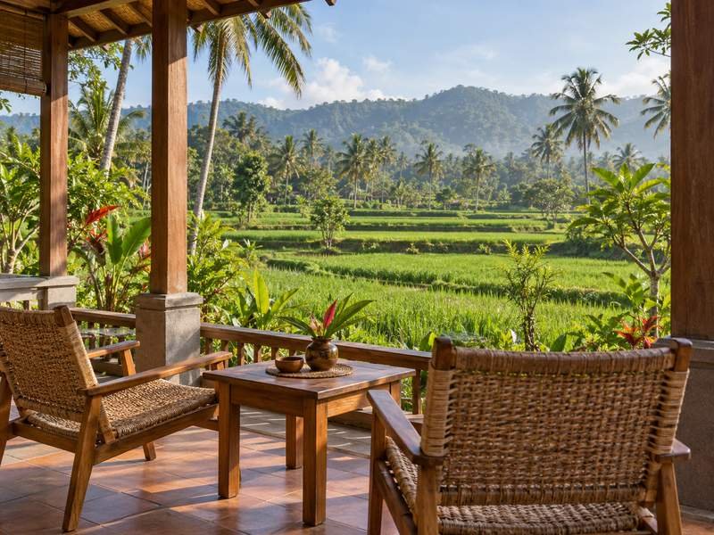 Guesthouse terrace overlooking rice fields in Tetebatu