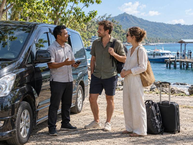 Local driver discussing a Gili Air transfer with travelers in Lombok