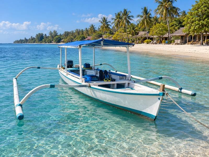 Snorkeling boat waiting beside the coast of Gili Air