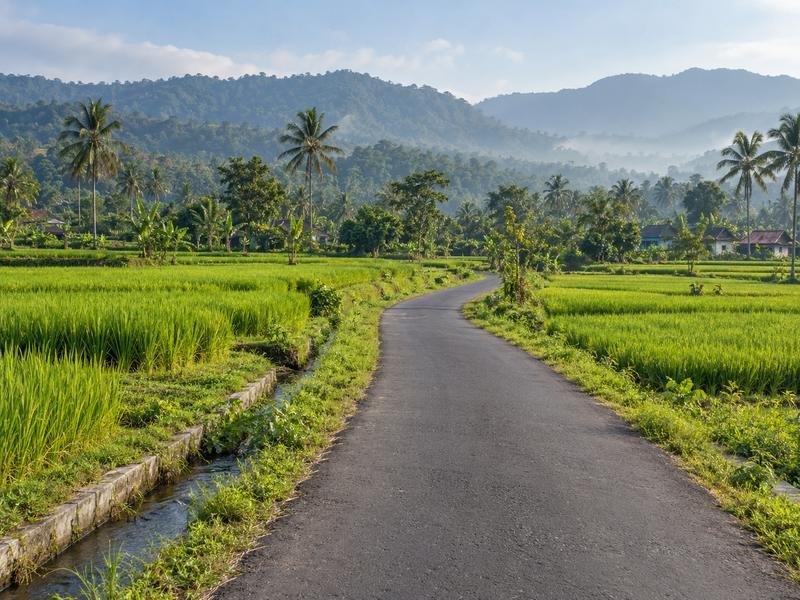 Scenic countryside road surrounded by rice fields in Tetebatu