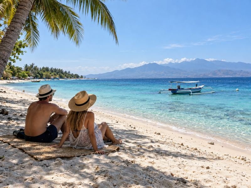 Tourists relax and enjoy the beach on Gili Trawangan.