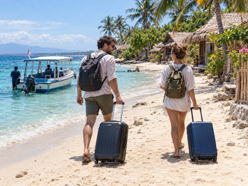 Travelers arriving on Gili Meno with luggage for a beachfront stay