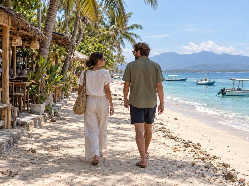 Travelers walking along a sandy beach path on Gili Air