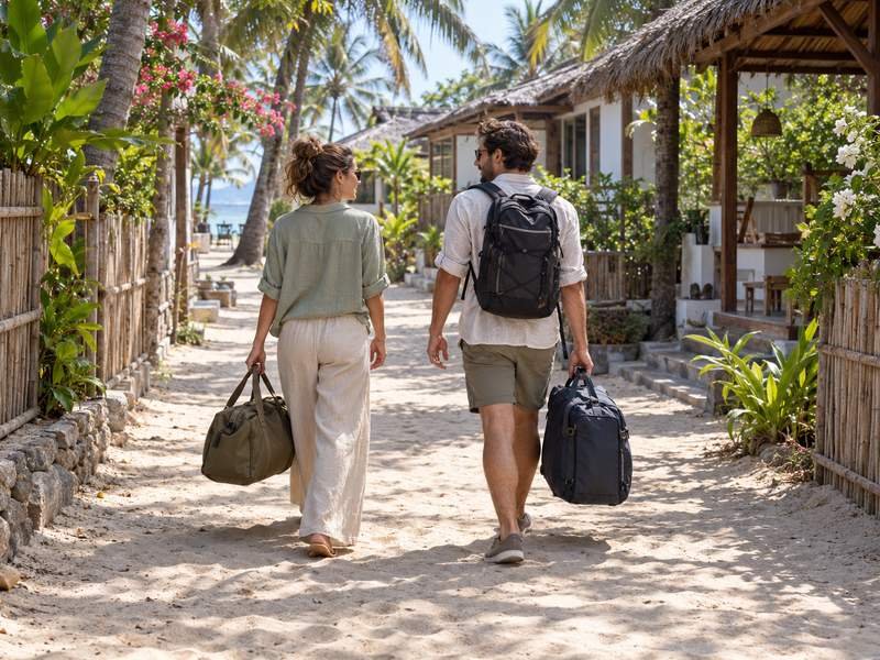 Travelers walking with luggage along a sandy path on Gili Air
